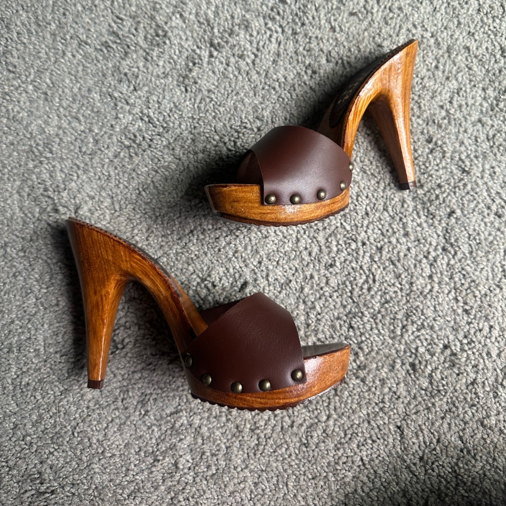 Brown Wooden Heel Mules